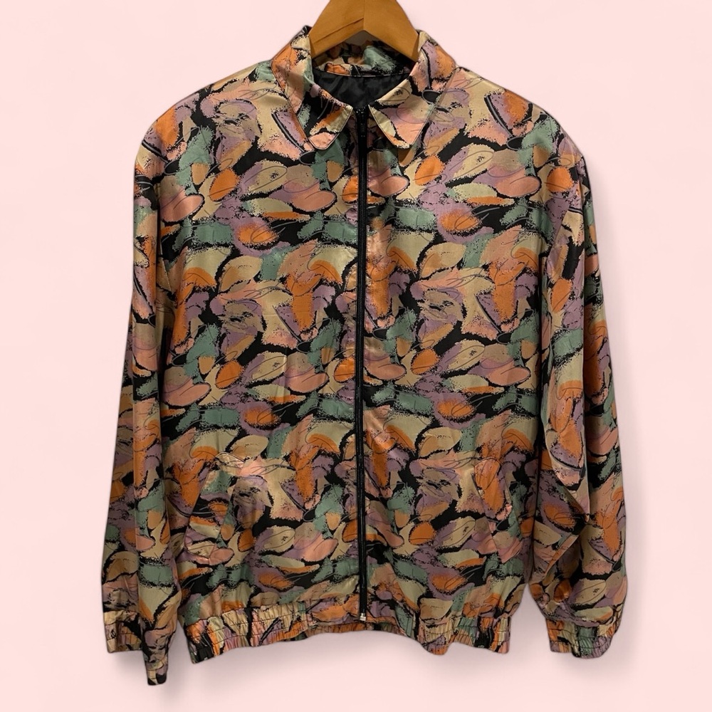 Funky vintage pastel earth tones silk Oleg Cassini track jacket pockets